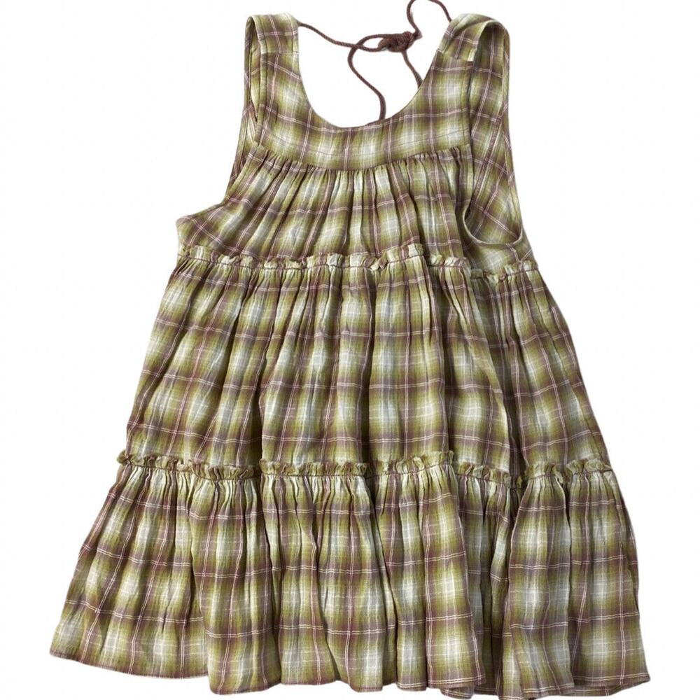 FREE PEOPLE GREEN PLAID ELANOR SWING TOP SIZE XSMALL